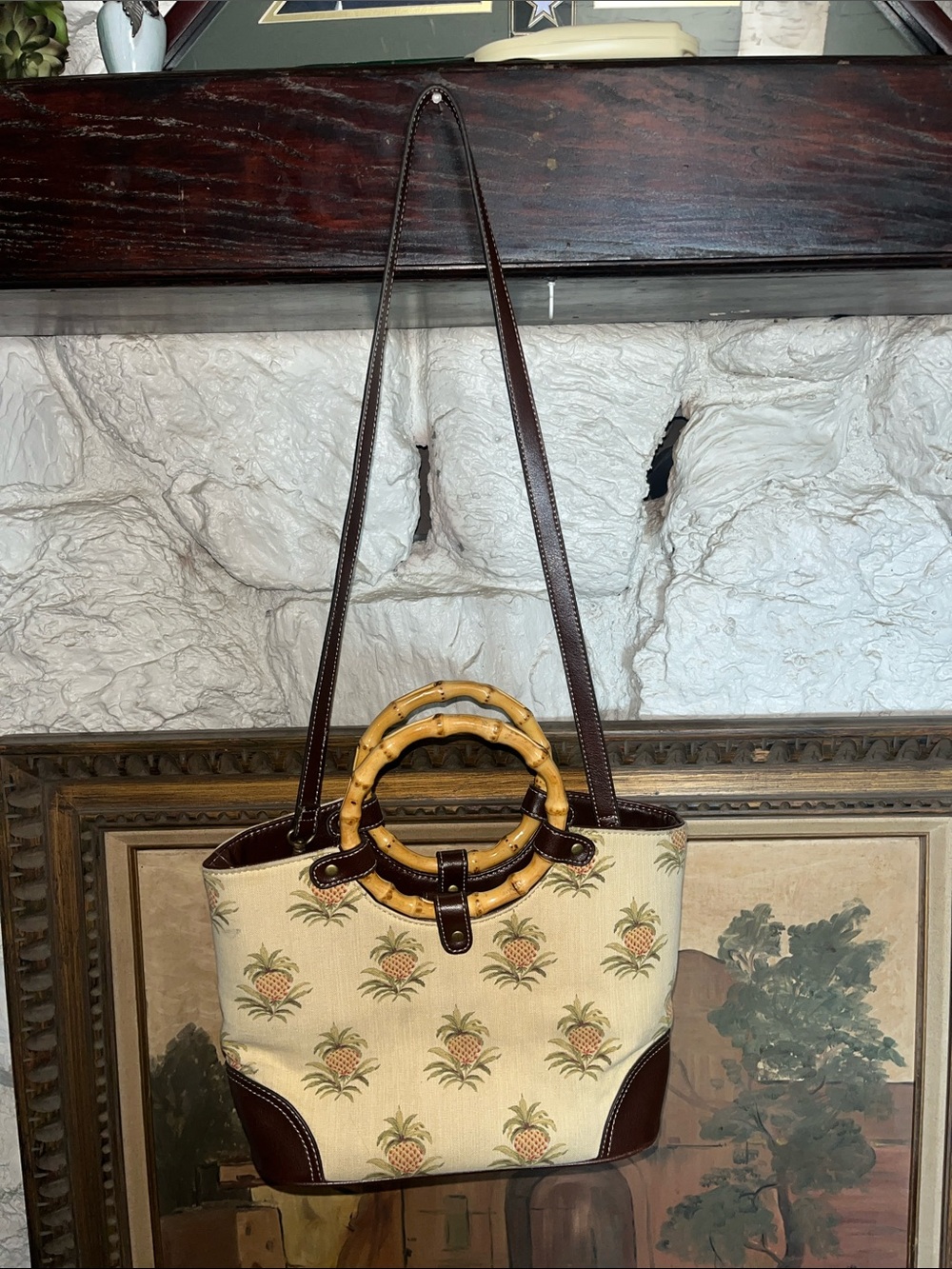 Relic tropical pineapple print canvas and faux-leather satchel